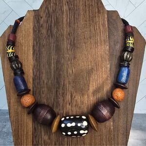 Boho Tribal Statement Necklace Wood Bone Style Beads Mixed Media Artisan 18"